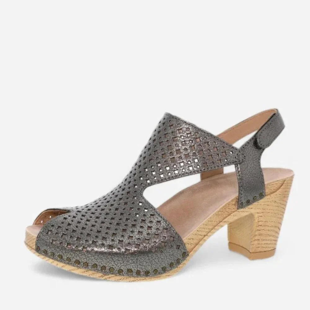 NEW Dansko Teagan Perforated Leather Peep Toe Heeled Sandals in Gunmetal - Picture 6 of 11